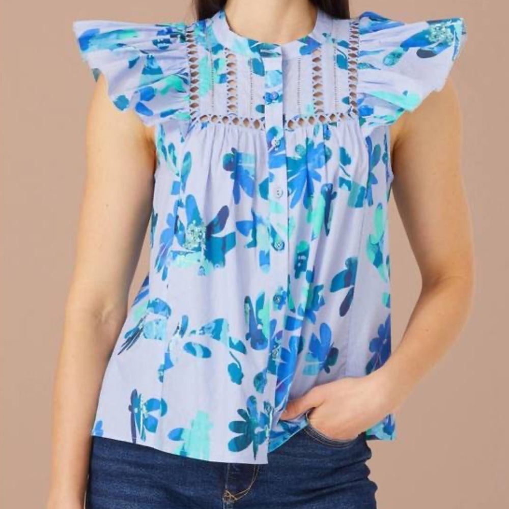 Alivia NWT JoMarie Top Smock Blouse in Floral Cornflower Blue Size L Retail $160